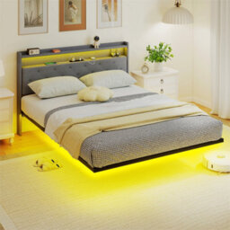 King Size Bed Frame With Rgb Led Lights, Floating Upholstered Bed, Grey - thumbnail 2