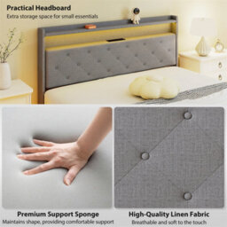 King Size Bed Frame With Rgb Led Lights, Floating Upholstered Bed, Grey - thumbnail 5