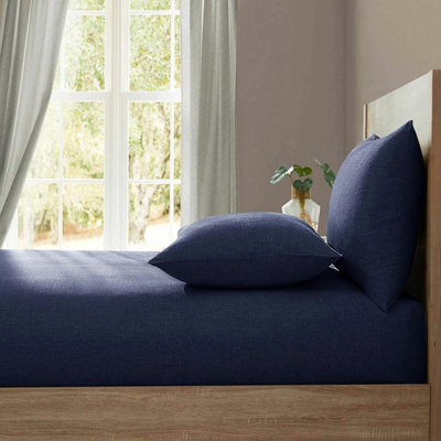 Lazy Linen 100% Washed Linen Fitted Sheet Navy Blue European Flax Breathable Deep 36Cm Super King Bed Sheet - image 1