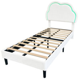 Modernluxe 3Ft Single Bed, 90X190 Cm, With Led Adjustable Cute Cloud Headboard, Solid Wood Slat, Velvet, White - thumbnail 9