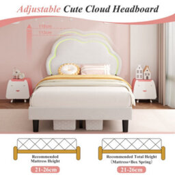 Modernluxe 3Ft Single Bed, 90X190 Cm, With Led Adjustable Cute Cloud Headboard, Solid Wood Slat, Velvet, White - thumbnail 7