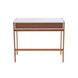 Orsina White 1 Drawer Desk, Durable Computer Desk With Natural Wood Legs, Study Table Bedside Desk For Home - thumbnail 4