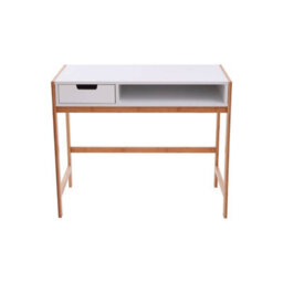 Orsina White 1 Drawer Desk, Durable Computer Desk With Natural Wood Legs, Study Table Bedside Desk For Home - thumbnail 2