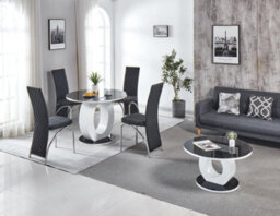 Modernique Giulia Round Black 100 Cm Tempered Glass Top White Dining Table With 4 Pink Velvet Dining Chairs