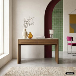 Sweeek - Console With Wood Decor And Travertine Effect Top, 2 Drawers, 120Cm Walnut 120X35X74 Cm - Aretha - thumbnail 1