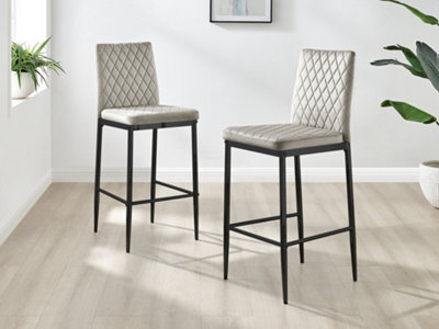 Furniturebox Set Of 2 Milan Cappuccino Beige Diamond-Stitched Soft Touch Velvet Black Leg Padded Counter Stools - image 1