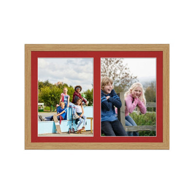 AK Frames 20X14 Light Oak Modern Multi Photo Frame With Crimson Mount - Holds 2 Apertures (2X) A4 Photos - image 1