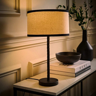 Valuelights Maura Natural Linen Black Trim Drum Shade Matte Black Twist Table Lamp And Bulb - image 1