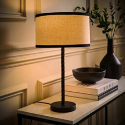 Valuelights Maura Natural Linen Black Trim Drum Shade Matte Black Twist Table Lamp And Bulb - thumbnail 1
