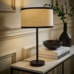 Valuelights Maura Natural Linen Black Trim Drum Shade Matte Black Twist Table Lamp And Bulb - thumbnail 2