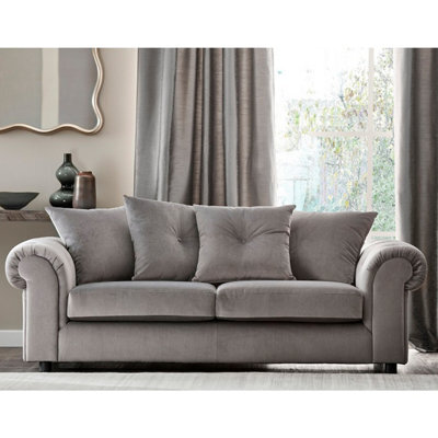 Furnishings For Less UK Derby Fabric Grey 3 Seater Sofa Scatter Back, Scroll Arms - image 1