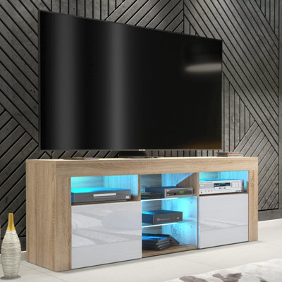 Creative Furniture Pulse Tv Unit 145Cm - Oak & White Gloss Doors And Led Lights - image 1