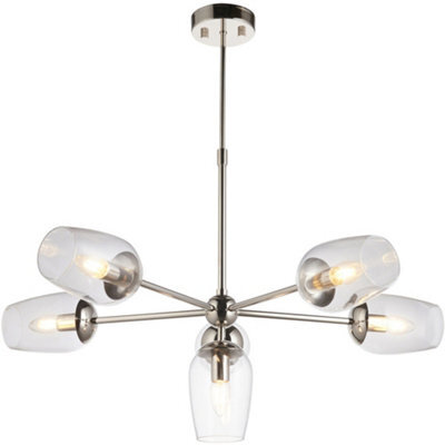 Loops Multi Arm Hanging Ceiling Pendant Light - Bright Nickel Plate Adjustable Stem & 6X Clear Glass Shades - image 1