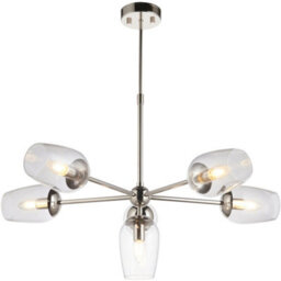 Loops Multi Arm Hanging Ceiling Pendant Light - Bright Nickel Plate Adjustable Stem & 6X Clear Glass Shades - thumbnail 1