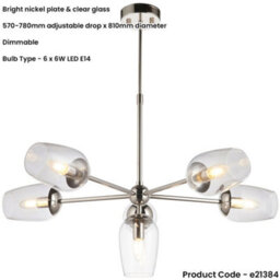 Loops Multi Arm Hanging Ceiling Pendant Light - Bright Nickel Plate Adjustable Stem & 6X Clear Glass Shades - thumbnail 2