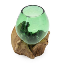 Small Recycled Glass Bowl With Wooden Base Handmade Home Décor - thumbnail 2