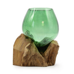 Small Recycled Glass Bowl With Wooden Base Handmade Home Décor - thumbnail 1