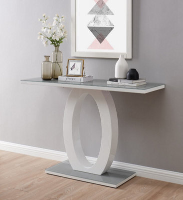 Furniturebox Giovani Rectangular White High Gloss Console Table With Grey Glass Top And Unique Halo Structural Plinth Base Design - image 1