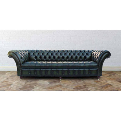 Chesterfield 4 Seater Antique Green Leather Buttoned Seat Sofa In Balmoral Style - image 1