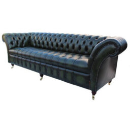 Chesterfield 4 Seater Antique Green Leather Buttoned Seat Sofa In Balmoral Style - thumbnail 2