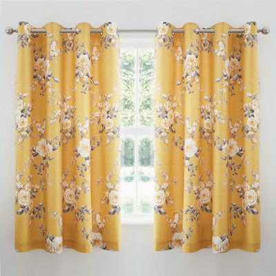 Catherine Lansfield Canterbury Floral 66X72 Inch Eyelet Curtains Two Panels Ochre - image 1