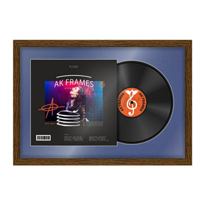 "AK Frames 25X17"" Dark Oak Modern Vinyl Record Frame With Blue Mount For 12 Inch Lp Cover & Disc - Overlapped Design" - image 1
