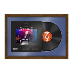 "AK Frames 25X17"" Dark Oak Modern Vinyl Record Frame With Blue Mount For 12 Inch Lp Cover & Disc - Overlapped Design"
