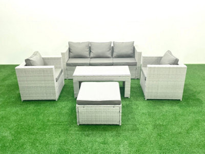 Fimous Rattan Garden Furniture Set 5 Pieces Outdoor Garden Sofa Oblong Coffee Table Set 2 Chairs Stool Light Grey - image 1