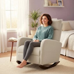 Modern High Back Corduroy Leisure Rocking Chair For Nursery, Beige - thumbnail 6