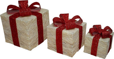 Shatchi Christmas Parcels Pre-Lit Battery Operated Led Glitter Rattan Xmas Presents Novelty Decorations Set Of 3 - Cream - image 1