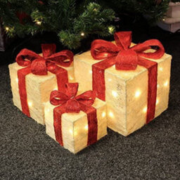 Shatchi Christmas Parcels Pre-Lit Battery Operated Led Glitter Rattan Xmas Presents Novelty Decorations Set Of 3 - Cream - thumbnail 4