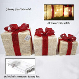 Shatchi Christmas Parcels Pre-Lit Battery Operated Led Glitter Rattan Xmas Presents Novelty Decorations Set Of 3 - Cream - thumbnail 6