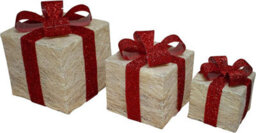 Shatchi Christmas Parcels Pre-Lit Battery Operated Led Glitter Rattan Xmas Presents Novelty Decorations Set Of 3 - Cream - thumbnail 1