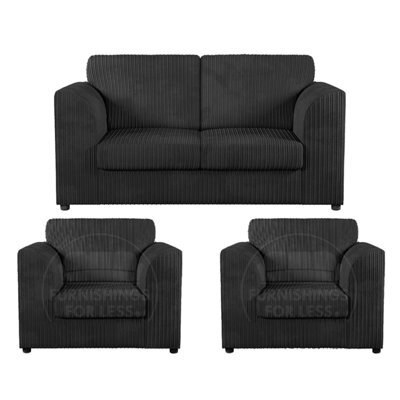 Furnishings For Less UK Luxor Jumbo Cord 2 + 1 + 1 Fabric 3 Piece Sofa Suite - Fullback Black - image 1