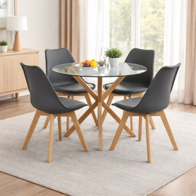 Kosy Koala Round Glass Dining Table Set With 4 Grey Plastic Chairs Dining Room Furniture - image 1