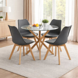 Kosy Koala Round Glass Dining Table Set With 4 Grey Plastic Chairs Dining Room Furniture