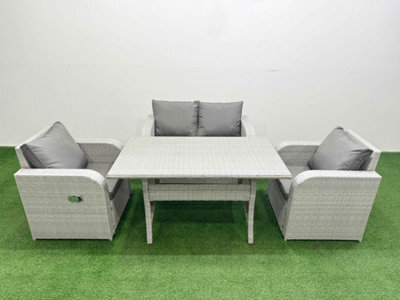 Fimous Light Grey Pe Wicker Rattan Garden Furniture Set Sofa Set Reclining Chair Rectangular Dining Table 4 Seater - image 1