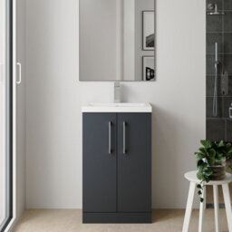 Balterley Level Compact Bathroom Cloakroom Vanity Basin Unit With Polymarble Basin, Chrome Handles, 600mm, Satin Dark Grey - thumbnail 2