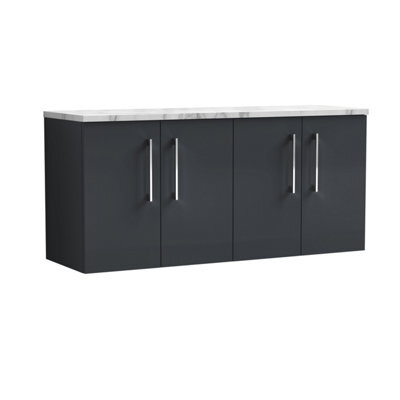 Nuie Arno Wall Hung 4-Door Vanity Unit & Laminate Worktop In Carrera Marble, Modern Counter Top Vanity Unit In Soft Black - image 1