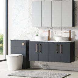 Nuie Arno Wall Hung 4-Door Vanity Unit & Laminate Worktop In Carrera Marble, Modern Counter Top Vanity Unit In Soft Black - thumbnail 3