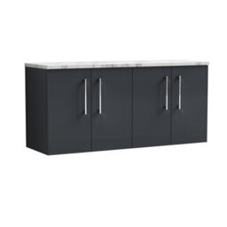 Nuie Arno Wall Hung 4-Door Vanity Unit & Laminate Worktop In Carrera Marble, Modern Counter Top Vanity Unit In Soft Black