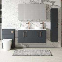 Nuie Arno Wall Hung 4-Door Vanity Unit & Laminate Worktop In Carrera Marble, Modern Counter Top Vanity Unit In Soft Black - thumbnail 4