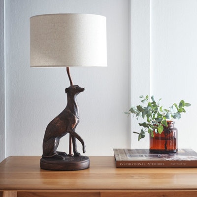 K Living Greyhound Animal Table Lamp In An Antique Copper Resin Table Lamp With A Natural Linen Lampshadehade - image 1