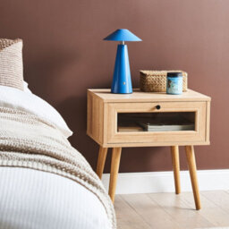 Wyld And Coco Luxenest Bedside Table With Tempered Glass Doors And Drawer, Walnut Tone, W48 X D40 X H51Cm - thumbnail 2