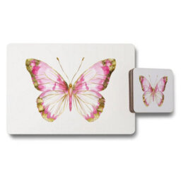 Benjamin Tate Design Butterfly Placemat And Coaster Set With Wooden Base In Gold Accent Artwork Limited Edition - thumbnail 1