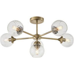 Loops Antique Brass Semi Flush Low Ceiling Light - Clear Spiral Multi Arm Glass - 6 X 7W Led E14