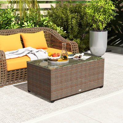 Outsunny Outdoor Coffee Table, Glass Top Rattan Side Table, Brown - image 1