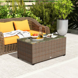 Outsunny Outdoor Coffee Table, Glass Top Rattan Side Table, Brown - thumbnail 1