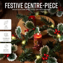 Globrite Christmas Garland - 2M Berry & Leaf, 20 Led Battery Operated - Pre-Lit Table Centrepiece For Festive Decorations - thumbnail 3