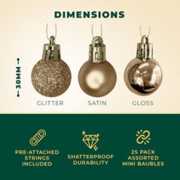Festive Fix Champagne Mini Christmas Baubles 25 Pack Shatterproof Ornaments For Xmas Tree Decorations Matte Gloss Glitter - thumbnail 2